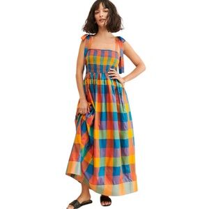 Anthropologie Payal Jain Smocked Bodice Maxi Dress Colorful Gingham Print S